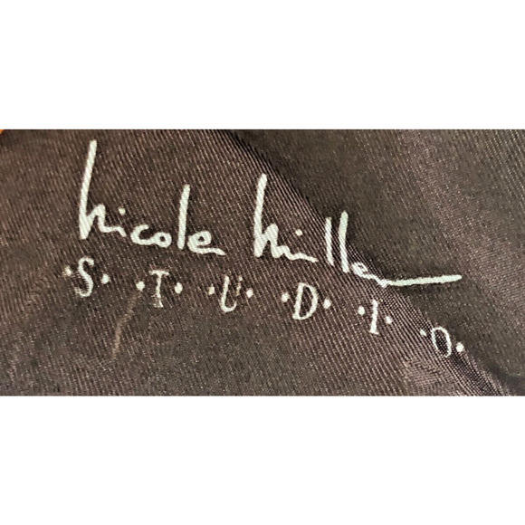 Nicole Miller Studio 100% Silk Neck Scarf Orange Brown Pink Mod Flowers 53"x11" - Picture 5 of 5